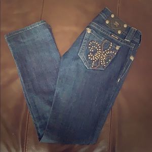 Dark wash, dark embellishment pockets hemmed 27